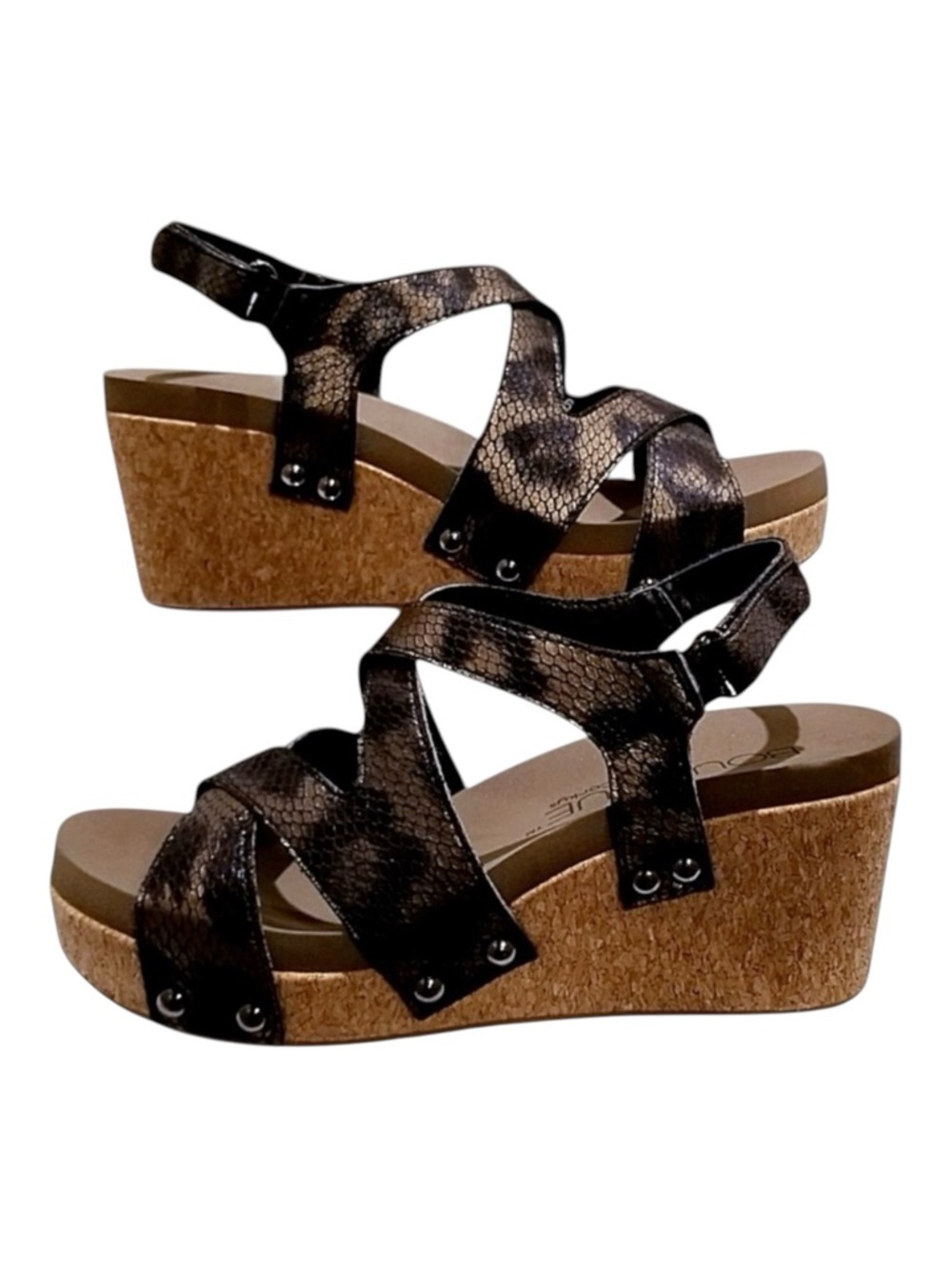 Corkys Boutique Womens Shore Adjustable Metallic Black Leopard Wedges Size 8